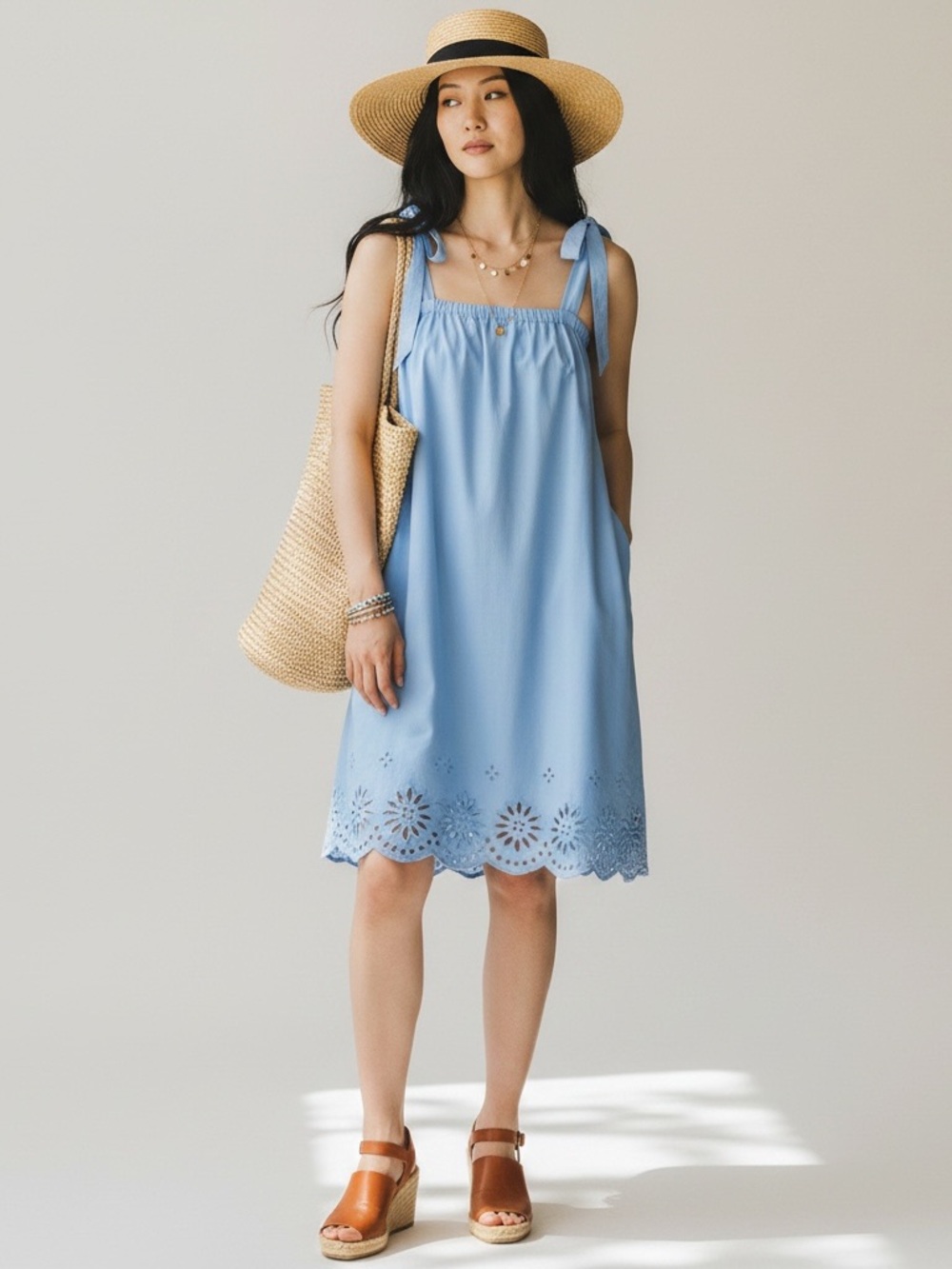 New J. Crew Light Blue Eyelet Tie-Shoulder Sundress XXS